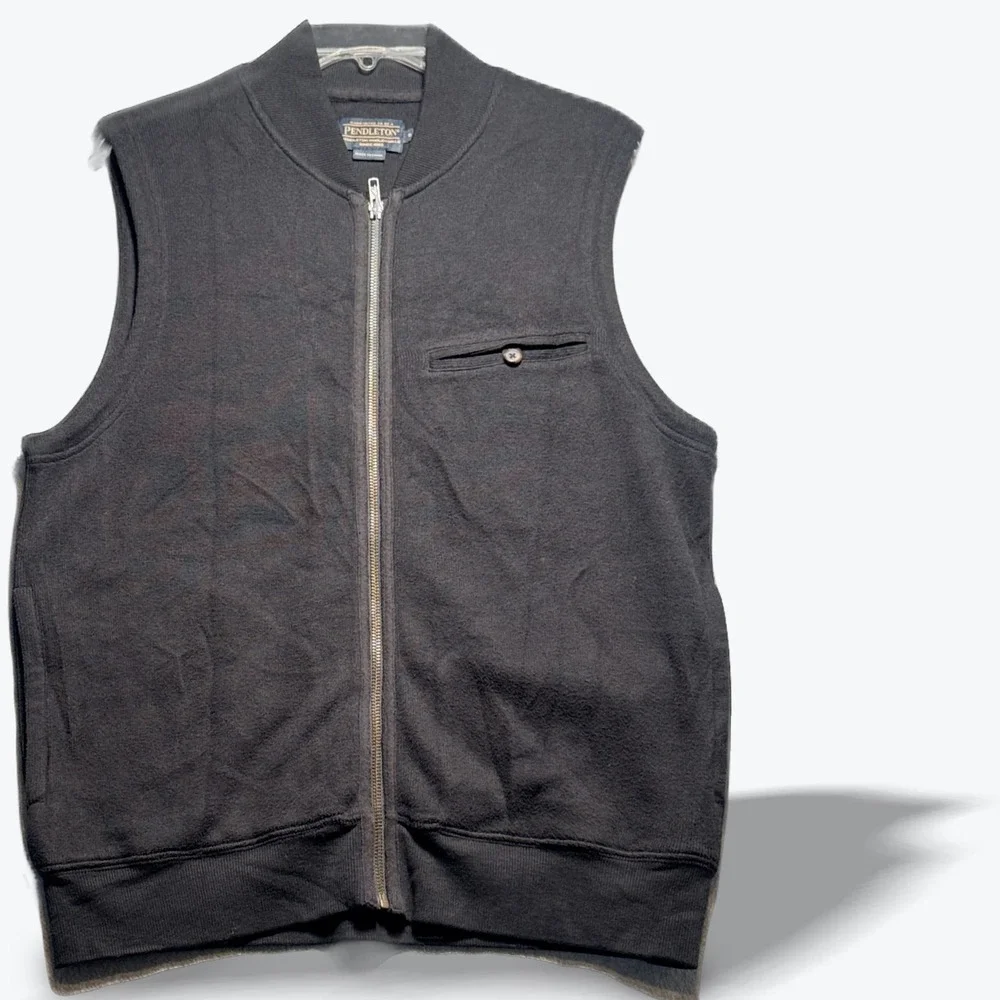 Pendleton Shetland Wool Sweater Vest Charcoal Black Full Zip Mock Neck Men Small